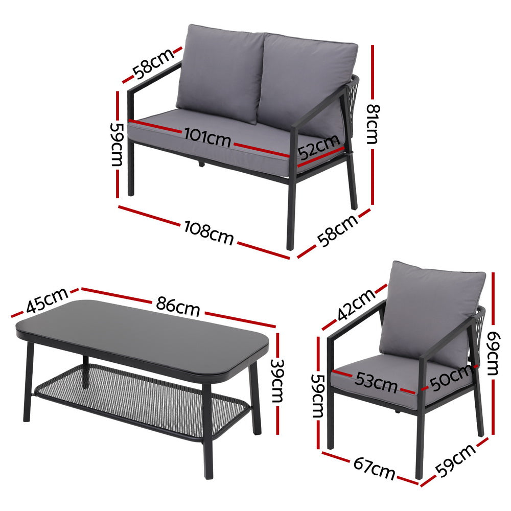 Gardeon 4 Seater Outdoor Sofa Set 4PCS Table Chair Setting Patio Furniture ODF-SOFA-4PCS-MEL-ROPE-BK