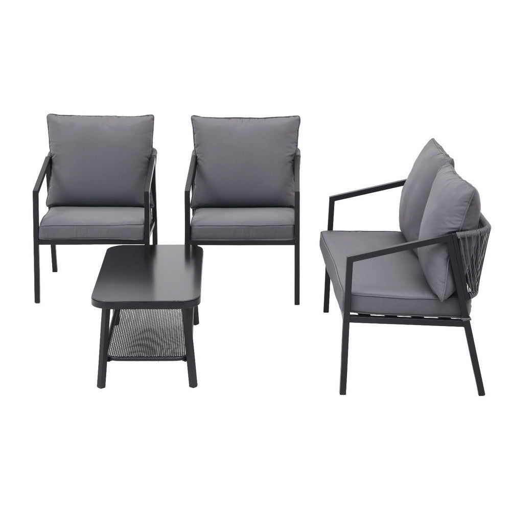 Gardeon 4 Seater Outdoor Sofa Set 4PCS Table Chair Setting Patio Furniture ODF-SOFA-4PCS-MEL-ROPE-BK