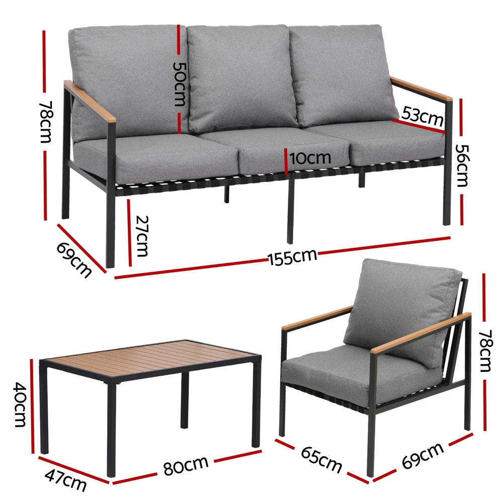 Gardeon 5 Seater Outdoor Sofa Set 4PCS Table Chair Garden Bench Patio Furniture ODF-SOFA-4PCS-PLW-BENCH-BK-AB