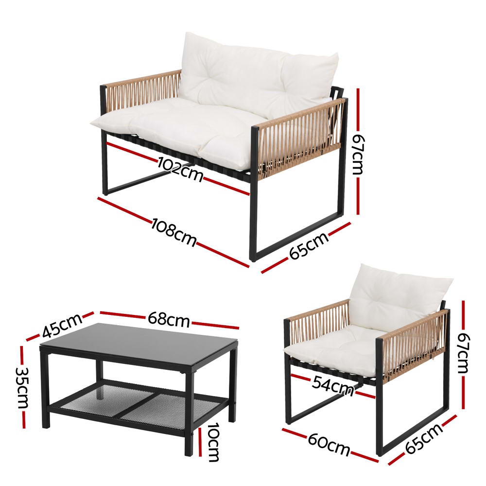 Gardeon 4 Seater Outdoor Sofa Set 4PCS Table Chair Set Garden Patio Furniture ODF-SOFA-4PCS-ROPERAT-BK