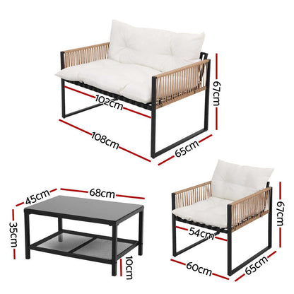 Gardeon 4 Seater Outdoor Sofa Set 4PCS Table Chair Set Garden Patio Furniture ODF-SOFA-4PCS-ROPERAT-BK