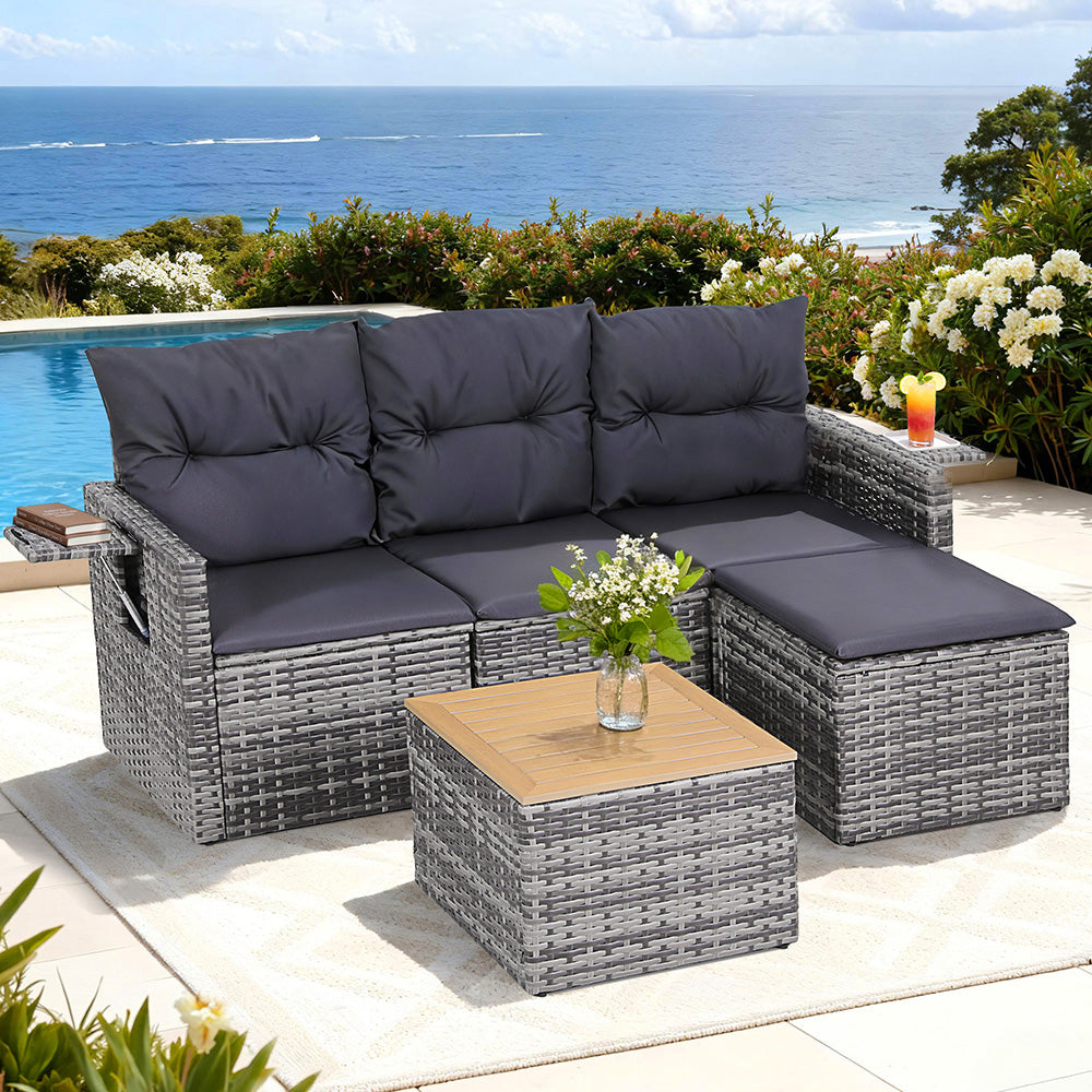 Gardeon 5 Pieces Outdoor Sofa Set 4-Seater Grey Rattan Patio Furniture Table and Chair Setting ODF-SOFA-5PC-CUP-GE-AB