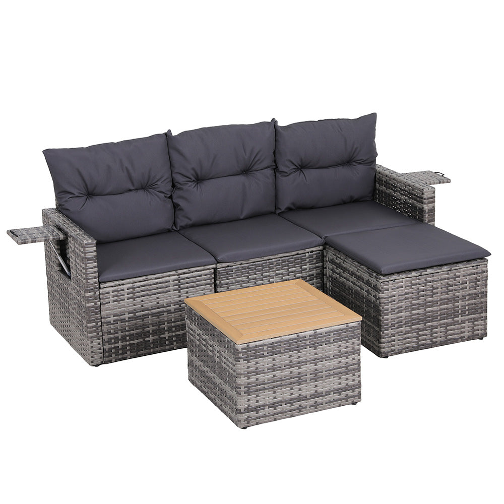 Gardeon 5 Pieces Outdoor Sofa Set 4-Seater Grey Rattan Patio Furniture Table and Chair Setting ODF-SOFA-5PC-CUP-GE-AB