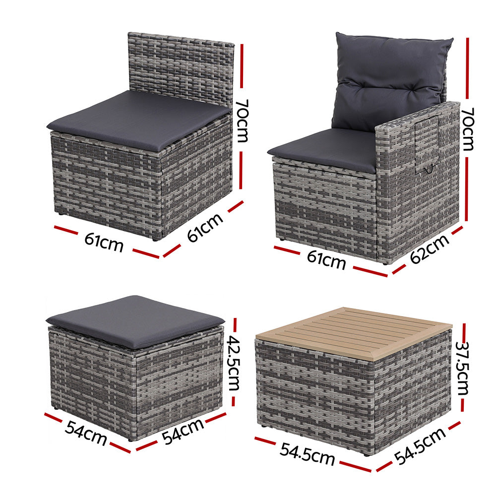 Gardeon 5 Pieces Outdoor Sofa Set 4-Seater Grey Rattan Patio Furniture Table and Chair Setting ODF-SOFA-5PC-CUP-GE-AB