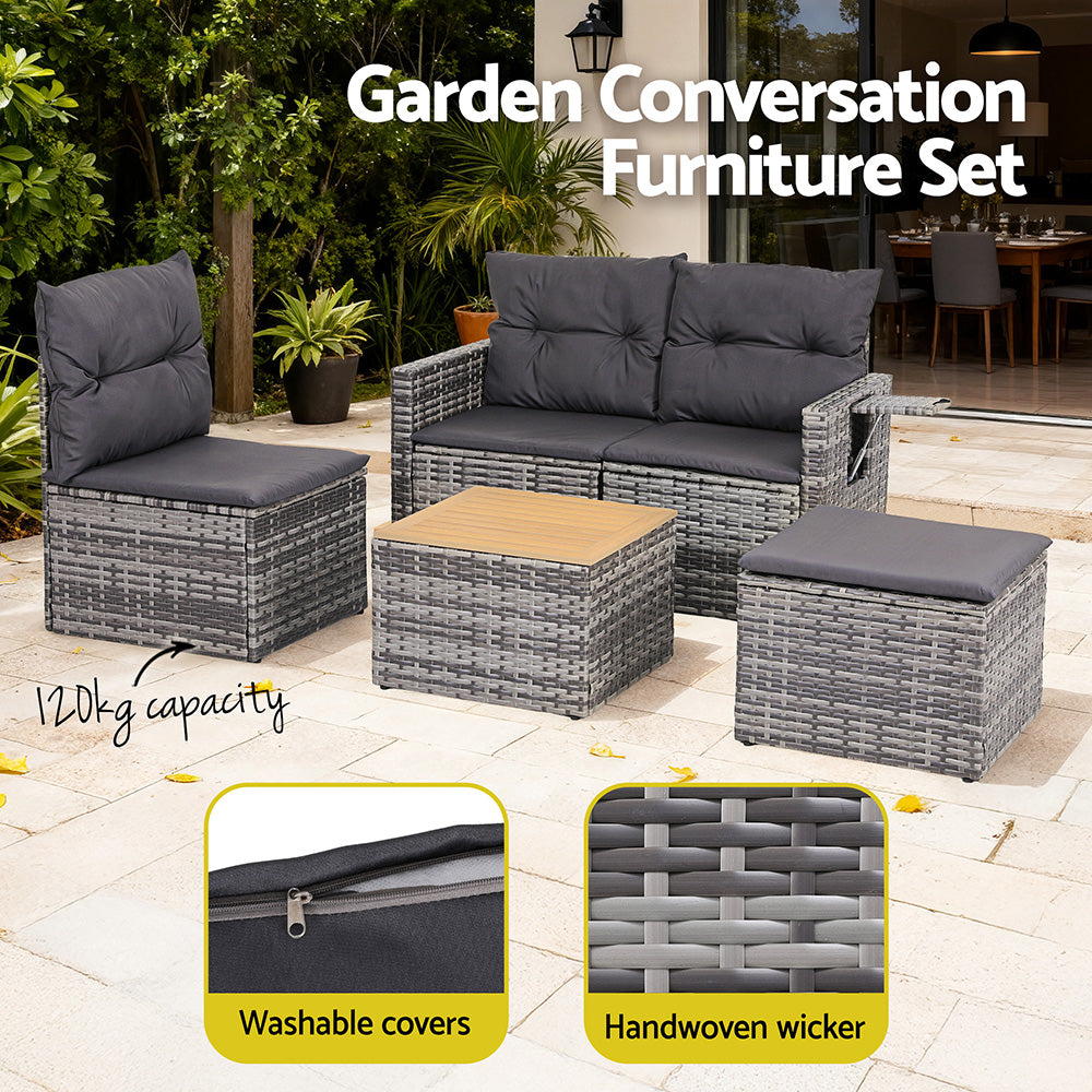 Gardeon 5 Pieces Outdoor Sofa Set 4-Seater Grey Rattan Patio Furniture Table and Chair Setting ODF-SOFA-5PC-CUP-GE-AB