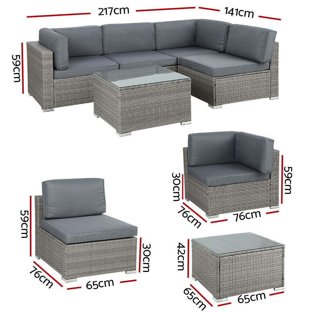 Gardeon 5-Piece Outdoor Sofa Set Wicker Couch Lounge Setting 4 Seater Grey ODF-SOFA-5PCS-HJ-GE-AB