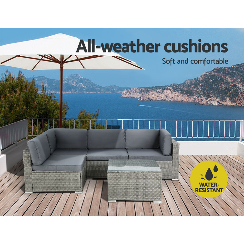 Gardeon 5-Piece Outdoor Sofa Set Wicker Couch Lounge Setting 4 Seater Grey ODF-SOFA-5PCS-HJ-GE-AB