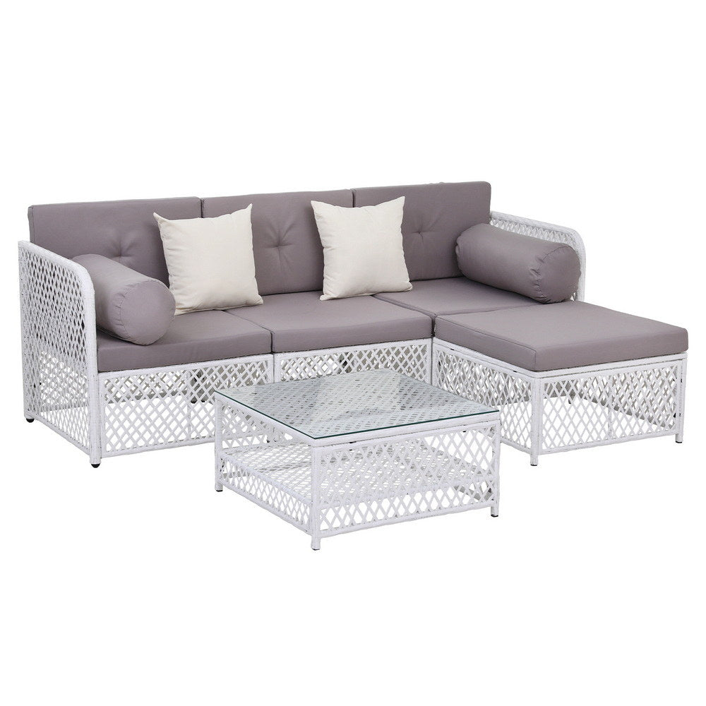 Gardeon 4 Seater Outdoor Sofa Set 5PCS Table Chair Set Garden Patio Furniture ODF-SOFA-5PCS-RATTAN-WH-ABC