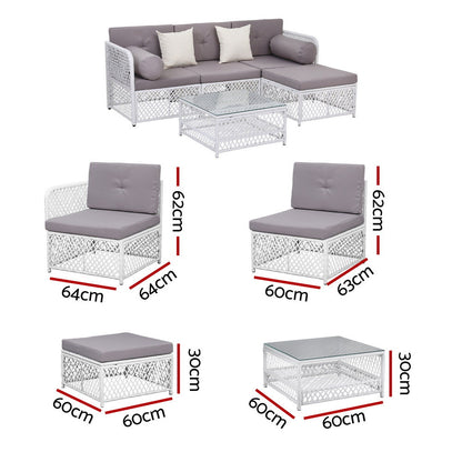 Gardeon 4 Seater Outdoor Sofa Set 5PCS Table Chair Set Garden Patio Furniture ODF-SOFA-5PCS-RATTAN-WH-ABC
