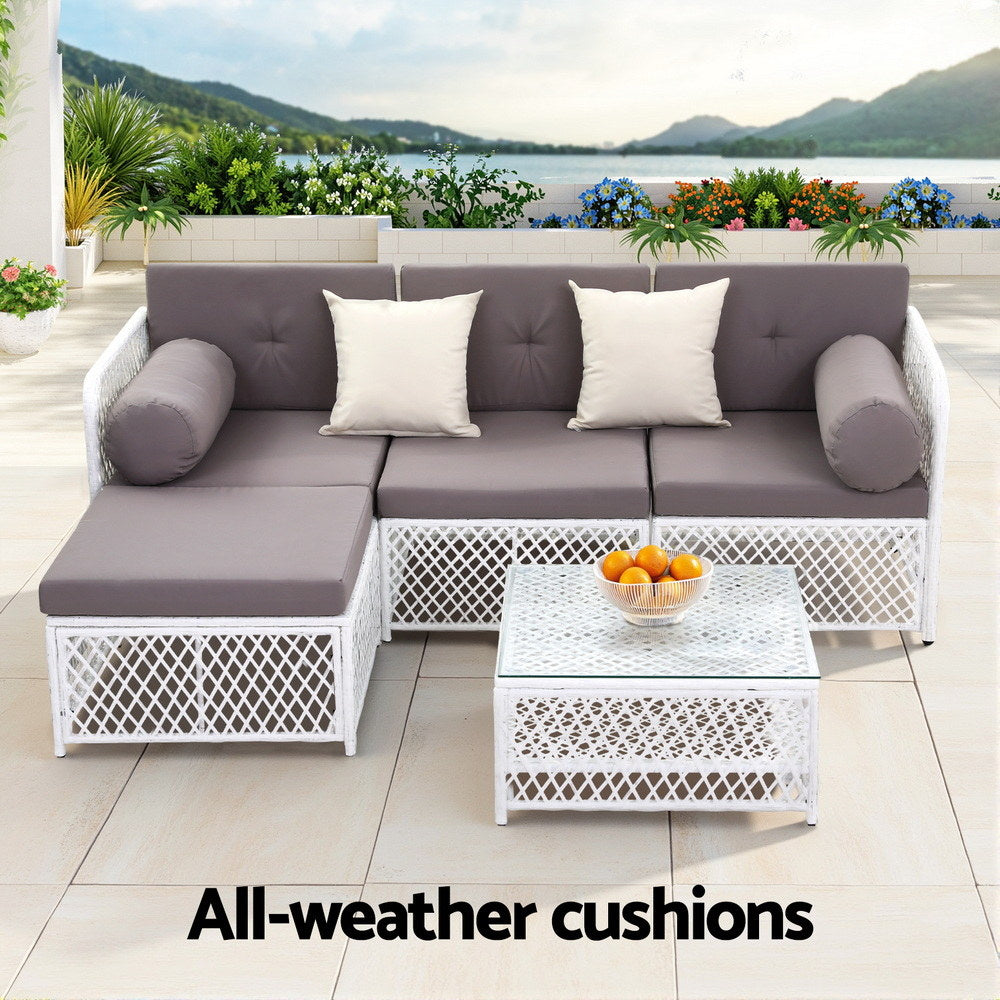Gardeon 4 Seater Outdoor Sofa Set 5PCS Table Chair Set Garden Patio Furniture ODF-SOFA-5PCS-RATTAN-WH-ABC