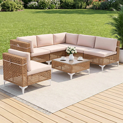 Gardeon 6 Seater Outdoor Sofa Set 7PCS Table Chair Set Garden Rattan Patio Furniture ODF-SOFA-7PCS-RATTAN-BE-ABC