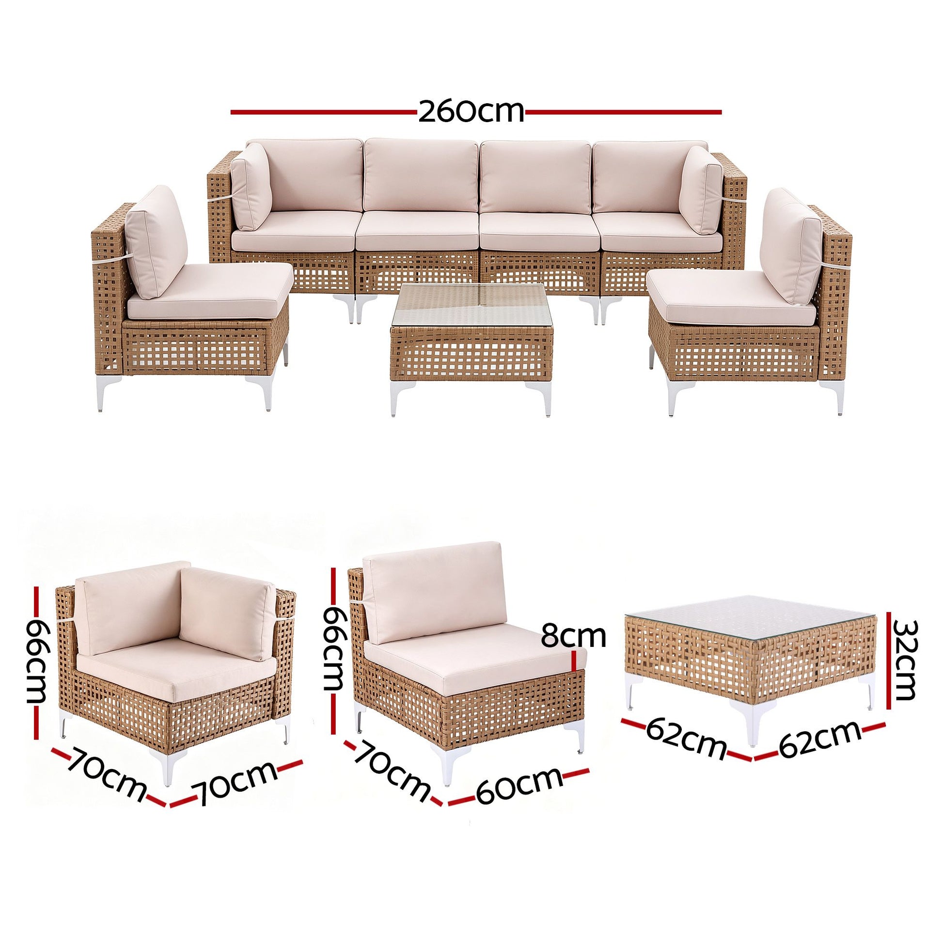 Gardeon 6 Seater Outdoor Sofa Set 7PCS Table Chair Set Garden Rattan Patio Furniture ODF-SOFA-7PCS-RATTAN-BE-ABC