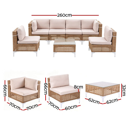 Gardeon 6 Seater Outdoor Sofa Set 7PCS Table Chair Set Garden Rattan Patio Furniture ODF-SOFA-7PCS-RATTAN-BE-ABC