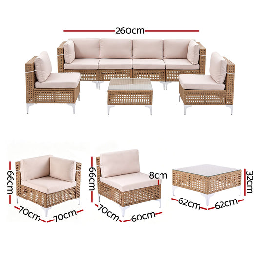 Gardeon 6 Seater Outdoor Sofa Set 7PCS Table Chair Set Garden Rattan Patio Furniture ODF-SOFA-7PCS-RATTAN-BE-ABC
