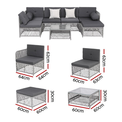 Gardeon 6 Seater Outdoor Sofa Set 7PCS Table Chair Set Garden Rattan Patio Furniture ODF-SOFA-7PCS-RATTAN-GE-ABCD
