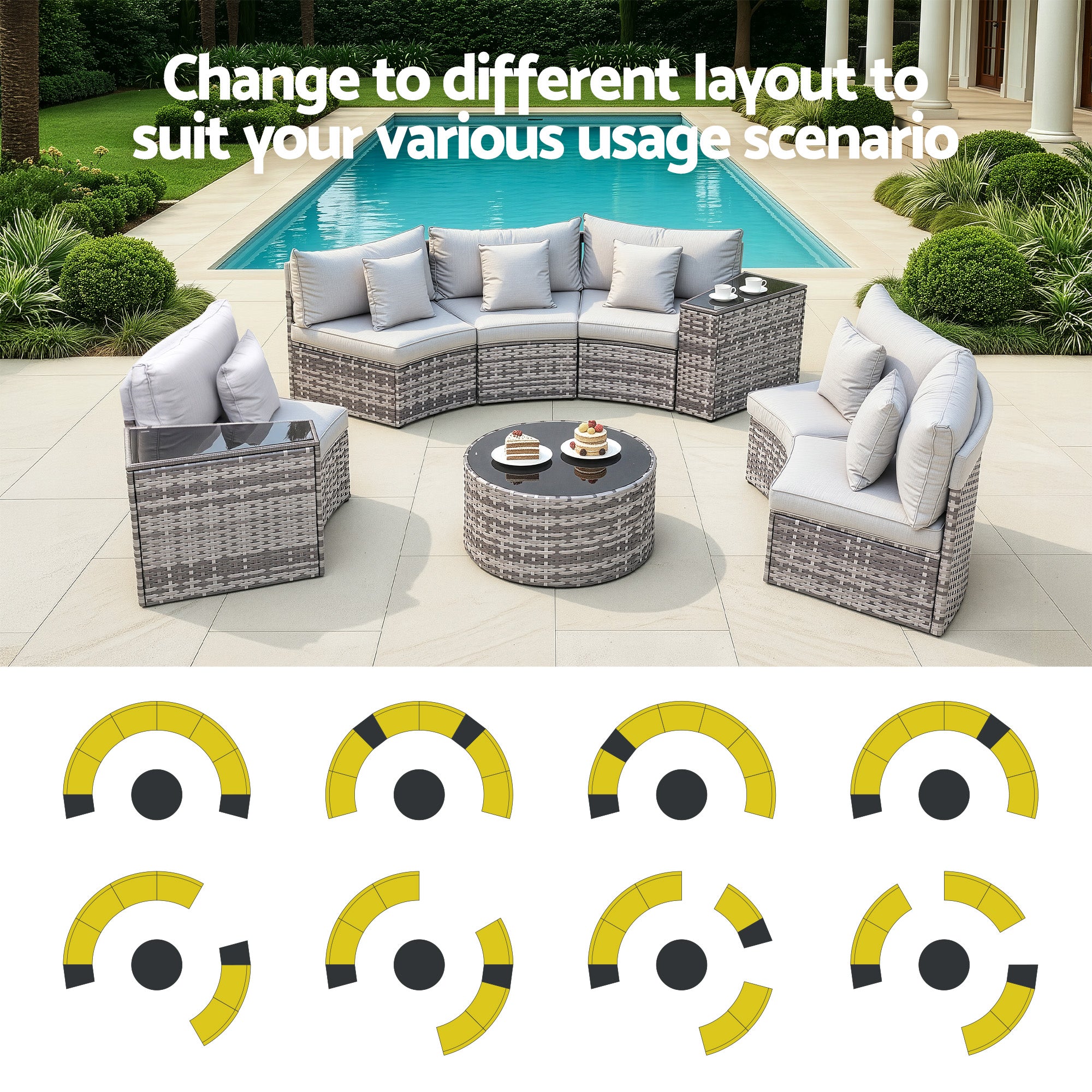 Gardeon 6 Seater Outdoor Sofa Set 9PCS Table Chair Set Garden Rattan Patio Furniture ODF-SOFA-9PC-RTA-GE