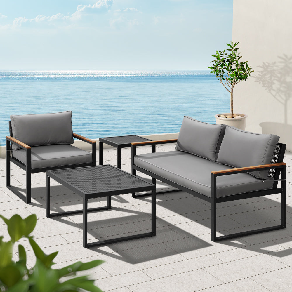 Gardeon Outdoor Sofa Set 3 Seater Corner Modular Lounge Setting Steel ODF-ST-SOFA-4PCS-BK-AB