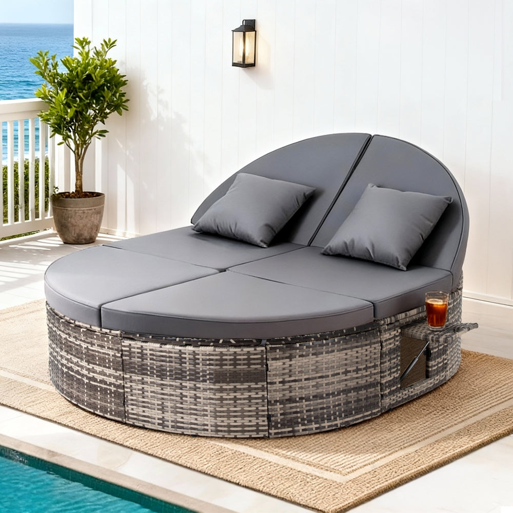 Gardeon Outdoor Day Bed Sun Lounge Setting Wicker Lounger Patio Furniture w/ Retractable Side Tray ODF-SUNBED-BS22-GE-AB