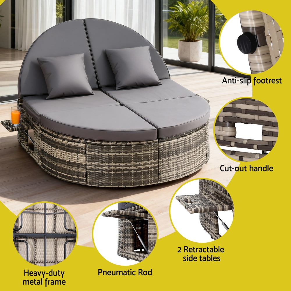Gardeon Outdoor Day Bed Sun Lounge Setting Wicker Lounger Patio Furniture w/ Retractable Side Tray ODF-SUNBED-BS22-GE-AB