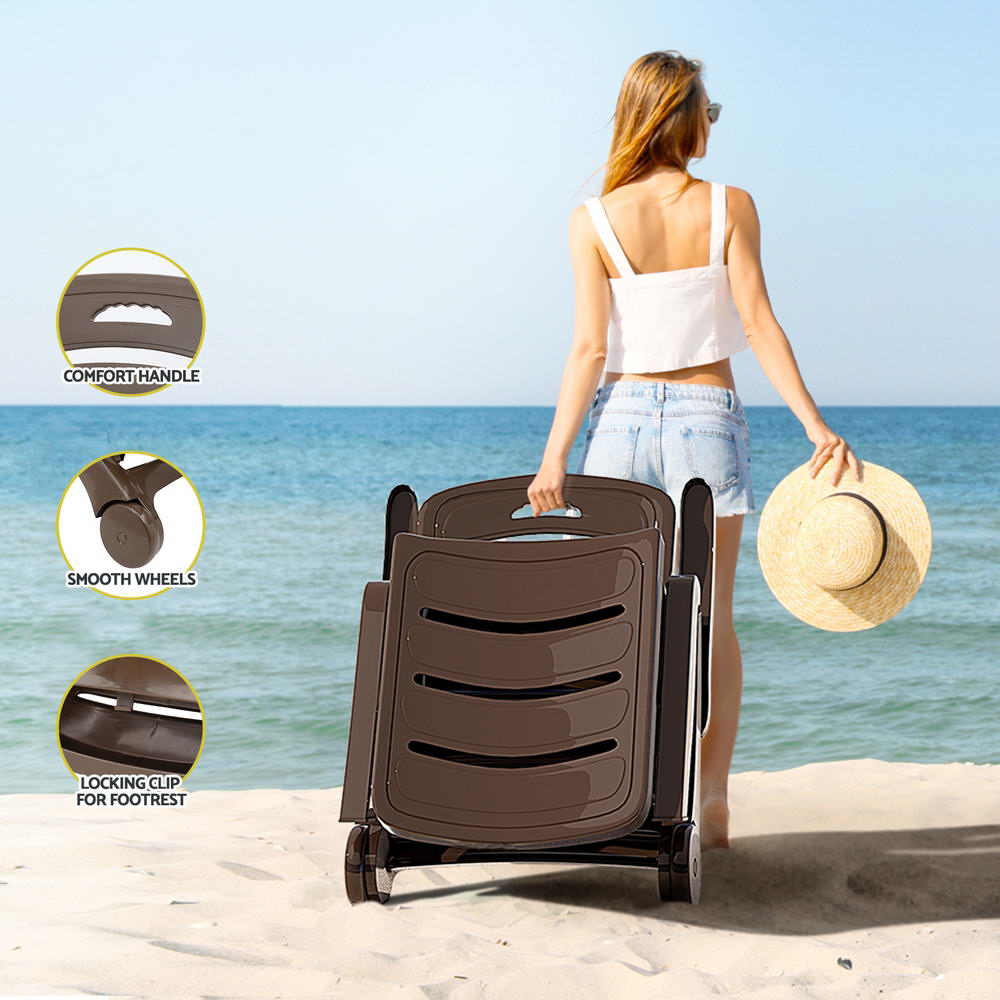 Gardeon Sun Lounger Folding Lounge Chair Wheels Patio Outdoor Furniture Brown ODF-SUNBED-PP150-BR