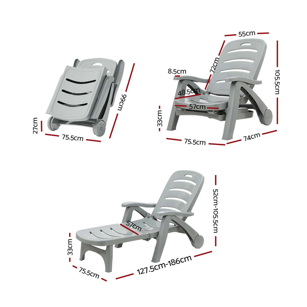 Gardeon Sun Lounger Folding Lounge Chair Wheels Patio Outdoor Furniture Grey ODF-SUNBED-PP150-GE