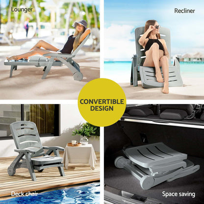 Gardeon Sun Lounger Folding Lounge Chair Wheels Patio Outdoor Furniture Grey ODF-SUNBED-PP150-GE
