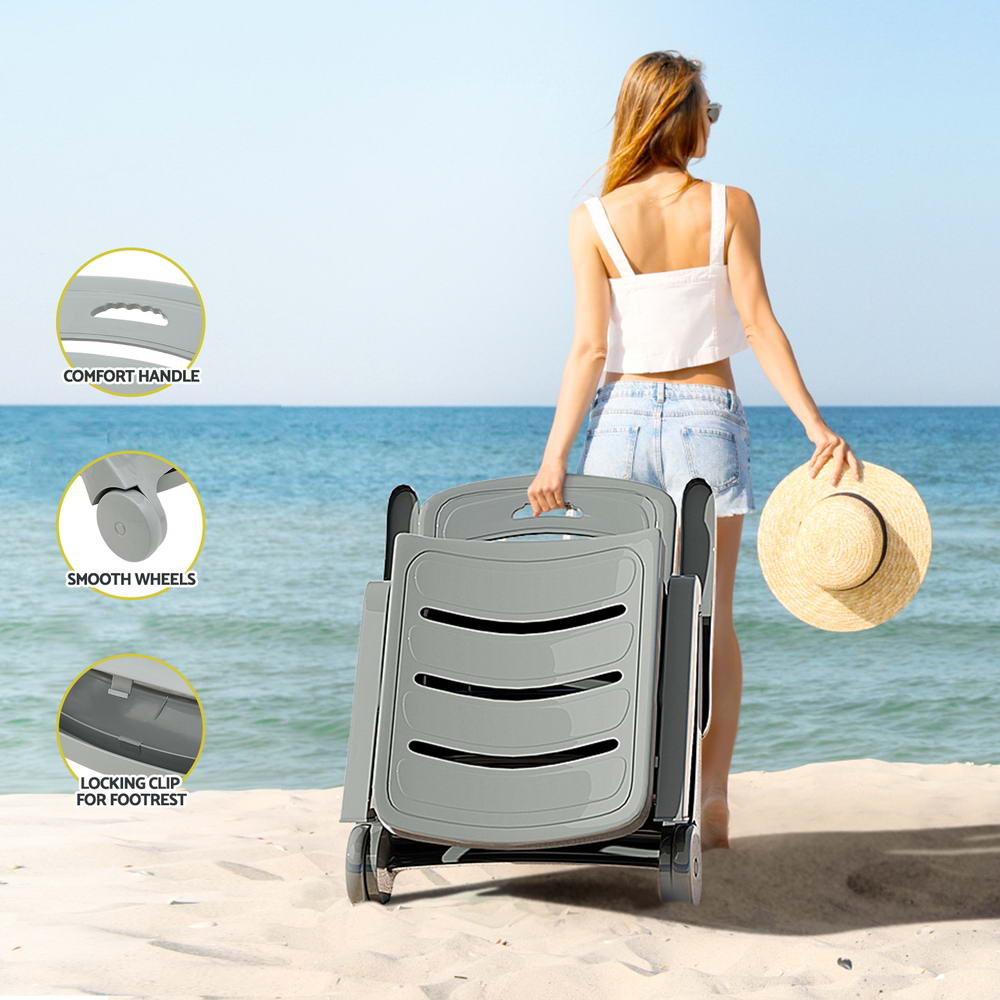 Gardeon Sun Lounger Folding Lounge Chair Wheels Patio Outdoor Furniture Grey ODF-SUNBED-PP150-GE