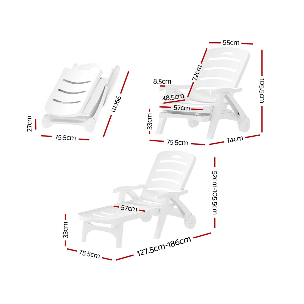 Gardeon Sun Lounger Folding Chaise Lounge Chair Wheels Patio Outdoor Furniture ODF-SUNBED-PP150-WH