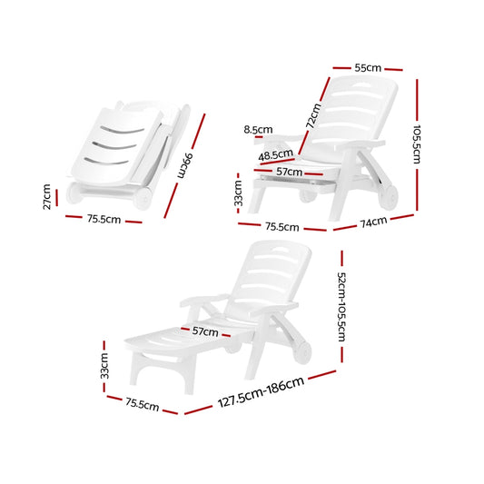Gardeon Sun Lounger Folding Chaise Lounge Chair Wheels Patio Outdoor Furniture ODF-SUNBED-PP150-WH