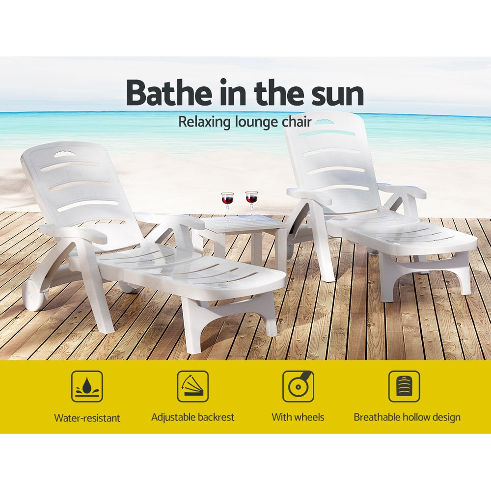 Gardeon Sun Lounger Folding Chaise Lounge Chair Wheels Patio Outdoor Furniture ODF-SUNBED-PP150-WH