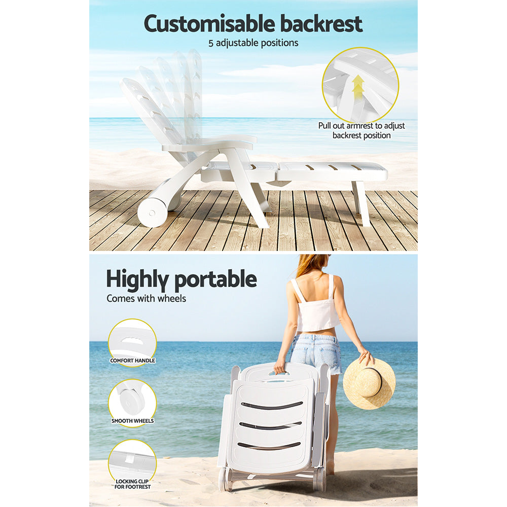 Gardeon Sun Lounger Folding Chaise Lounge Chair Wheels Patio Outdoor Furniture ODF-SUNBED-PP150-WH