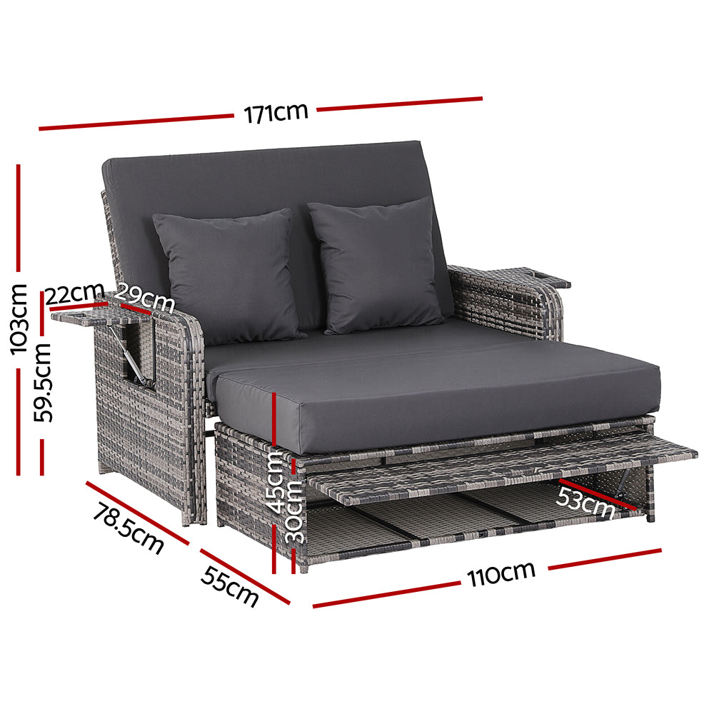Gardeon Outdoor Day Bed Sun Lounge Setting Wicker Lounger Patio Furniture Grey ODF-SUNBED-RCL-GE-AB