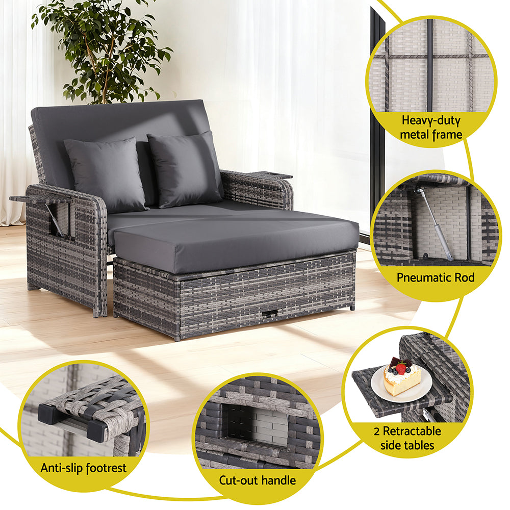 Gardeon Outdoor Day Bed Sun Lounge Setting Wicker Lounger Patio Furniture Grey ODF-SUNBED-RCL-GE-AB