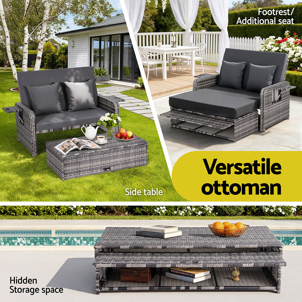 Gardeon Outdoor Day Bed Sun Lounge Setting Wicker Lounger Patio Furniture Grey ODF-SUNBED-RCL-GE-AB