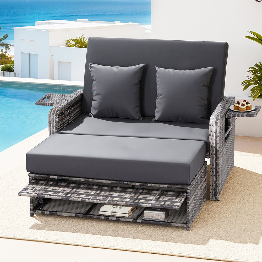 Gardeon Outdoor Day Bed Sun Lounge Setting Wicker Lounger Patio Furniture Grey ODF-SUNBED-RCL-GE-AB