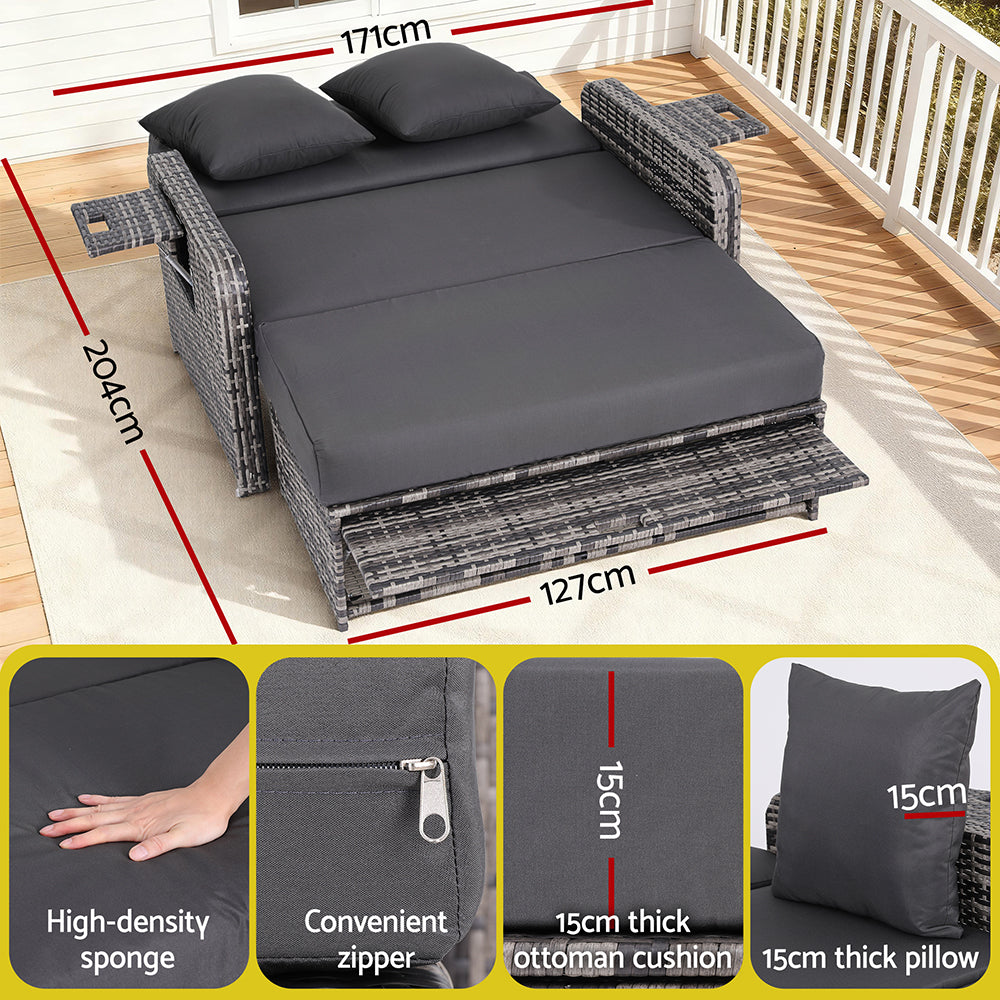 Gardeon Outdoor Day Bed Sun Lounge Setting Wicker Lounger Patio Furniture Grey ODF-SUNBED-RCL-GE-AB
