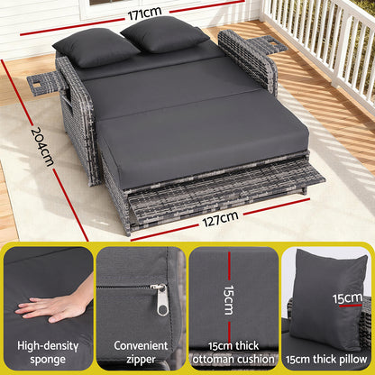 Gardeon Outdoor Day Bed Sun Lounge Setting Wicker Lounger Patio Furniture Grey ODF-SUNBED-RCL-GE-AB