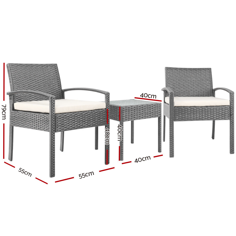Gardeon 3PC Patio Furniture Bistro Set Wicker Outdoor Lounge Setting Grey ODF-TEA-RATTAN-S-GE