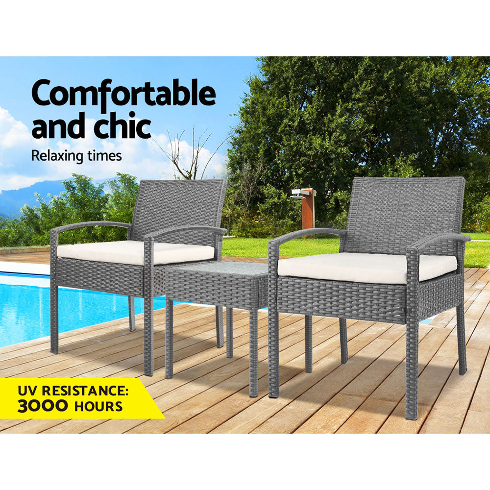 Gardeon 3PC Patio Furniture Bistro Set Wicker Outdoor Lounge Setting Grey ODF-TEA-RATTAN-S-GE