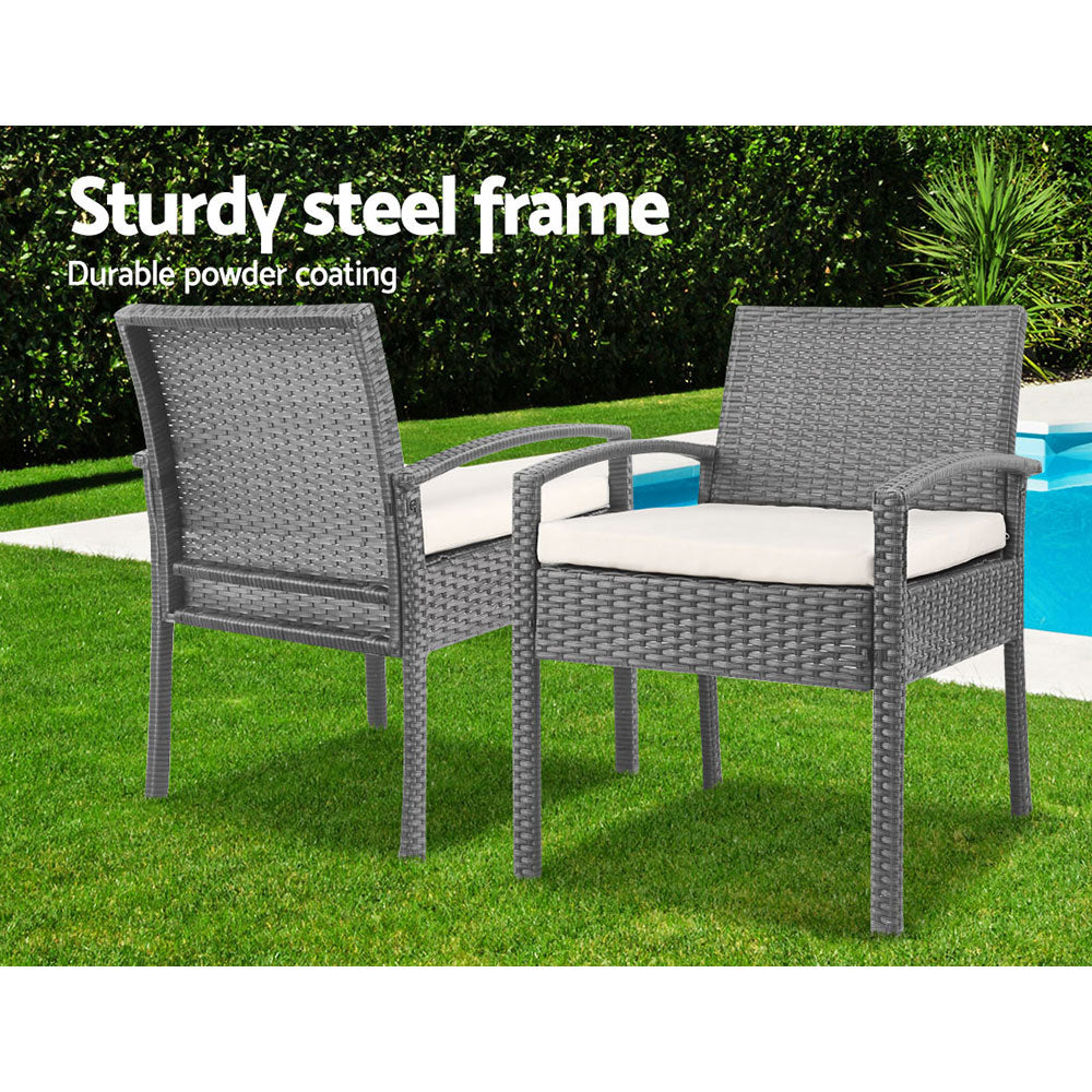 Gardeon 3PC Patio Furniture Bistro Set Wicker Outdoor Lounge Setting Grey ODF-TEA-RATTAN-S-GE