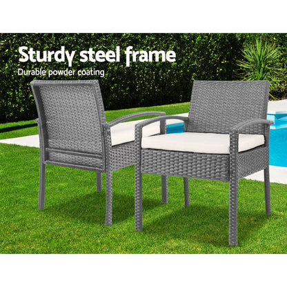 Gardeon 3PC Patio Furniture Bistro Set Wicker Outdoor Lounge Setting Grey ODF-TEA-RATTAN-S-GE