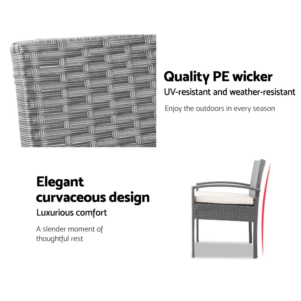 Gardeon 3PC Patio Furniture Bistro Set Wicker Outdoor Lounge Setting Grey ODF-TEA-RATTAN-S-GE