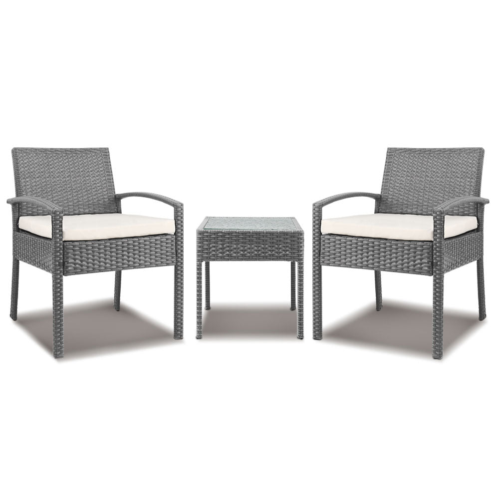 Gardeon 3PC Patio Furniture Bistro Set Wicker Outdoor Lounge Setting Grey ODF-TEA-RATTAN-S-GE