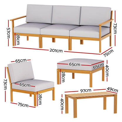 Gardeon 5-Seater Outdoor Sofa Set Wooden Lounge Setting 6PCS ODF-V-SOFA01-TK-ABCDEF