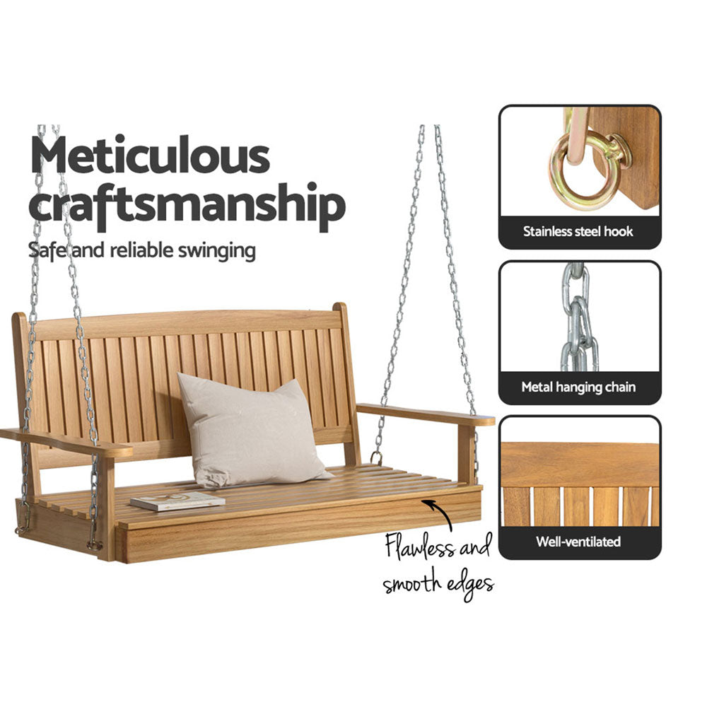 Gardeon Porch Swing Chair With Chain Outdoor Furniture Wooden Bench 2 Seat Teak ODF-V-SWING-TK