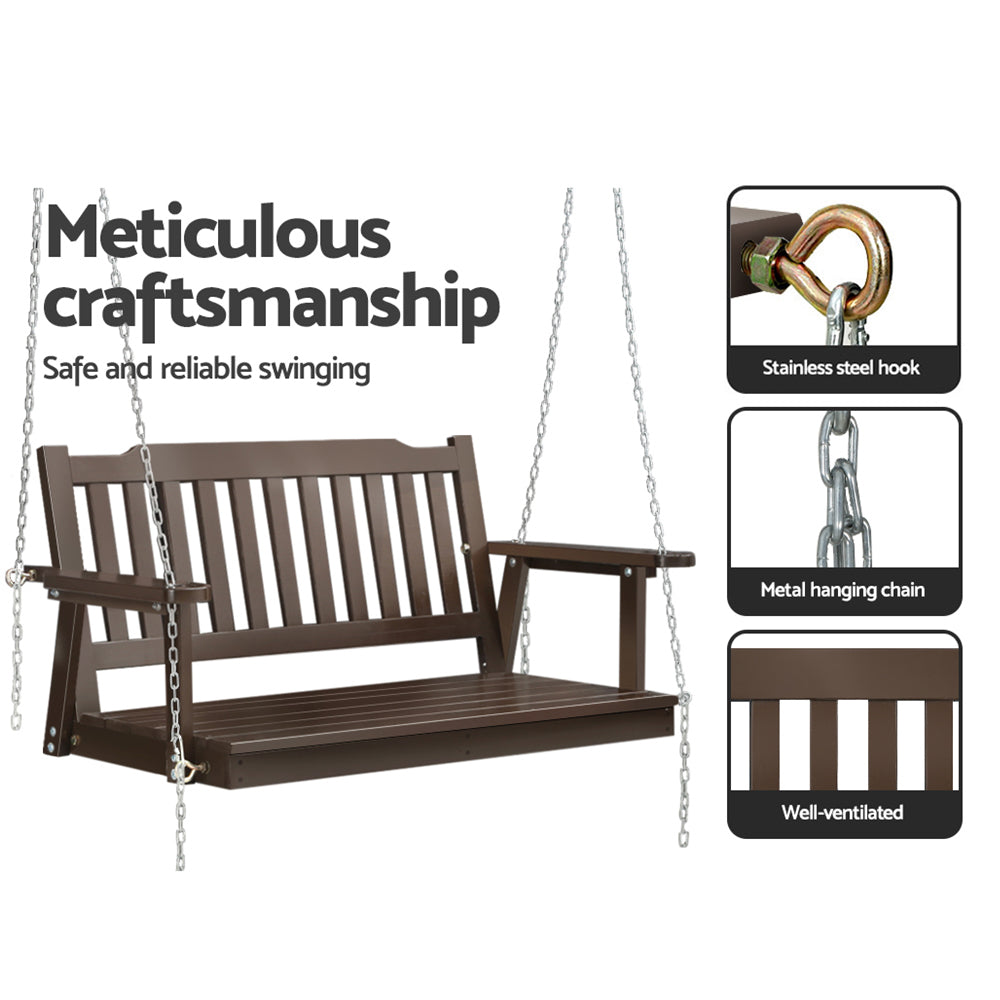 Gardeon Porch Swing Chair With Chain Outdoor Furniture Wooden Bench 2 Seat Brown ODS-1956B-BR