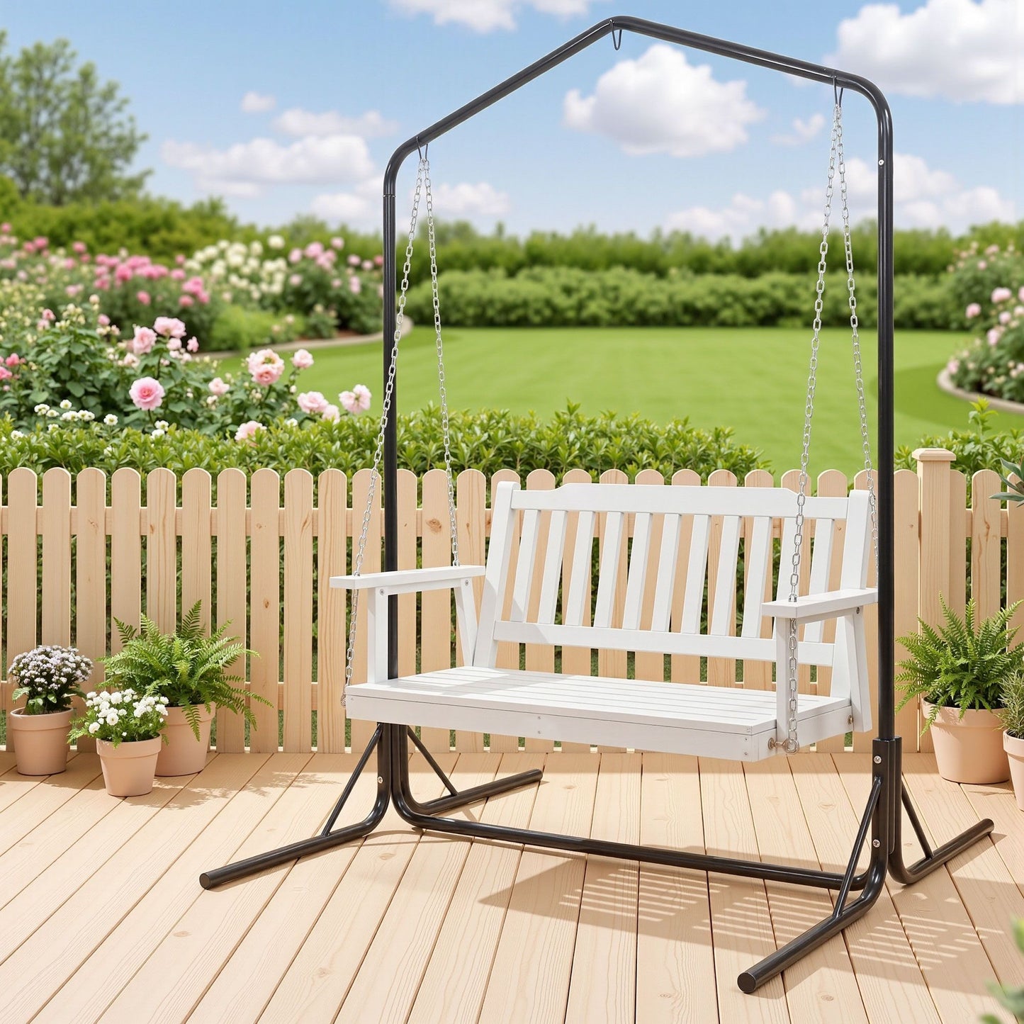 Gardeon Wooden 2-Seater Outdoor Swing Chair with Black Stand White Hanging Chair ODS-1956W-U-WH