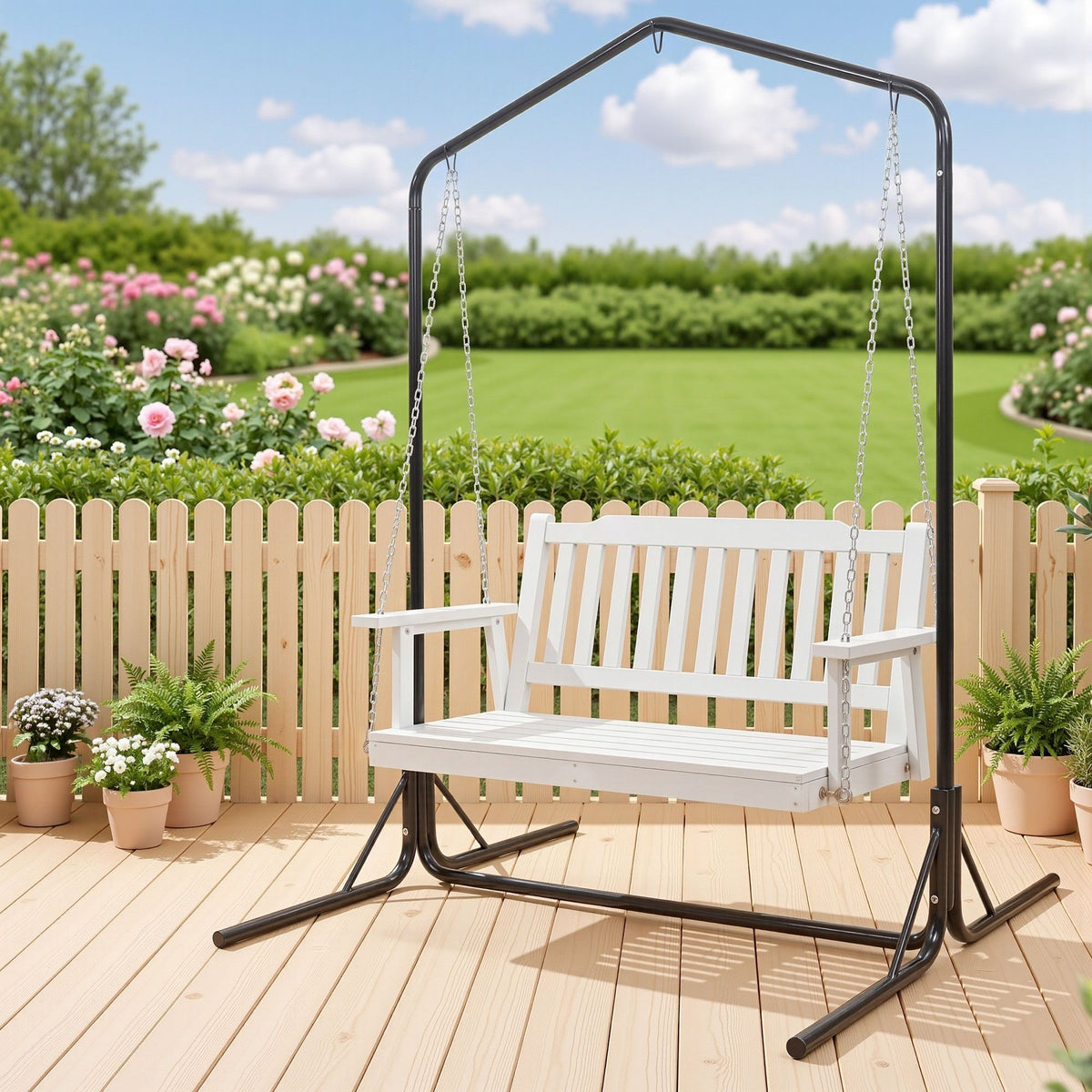 Gardeon Wooden 2-Seater Outdoor Swing Chair with Black Stand White Hanging Chair ODS-1956W-U-WH