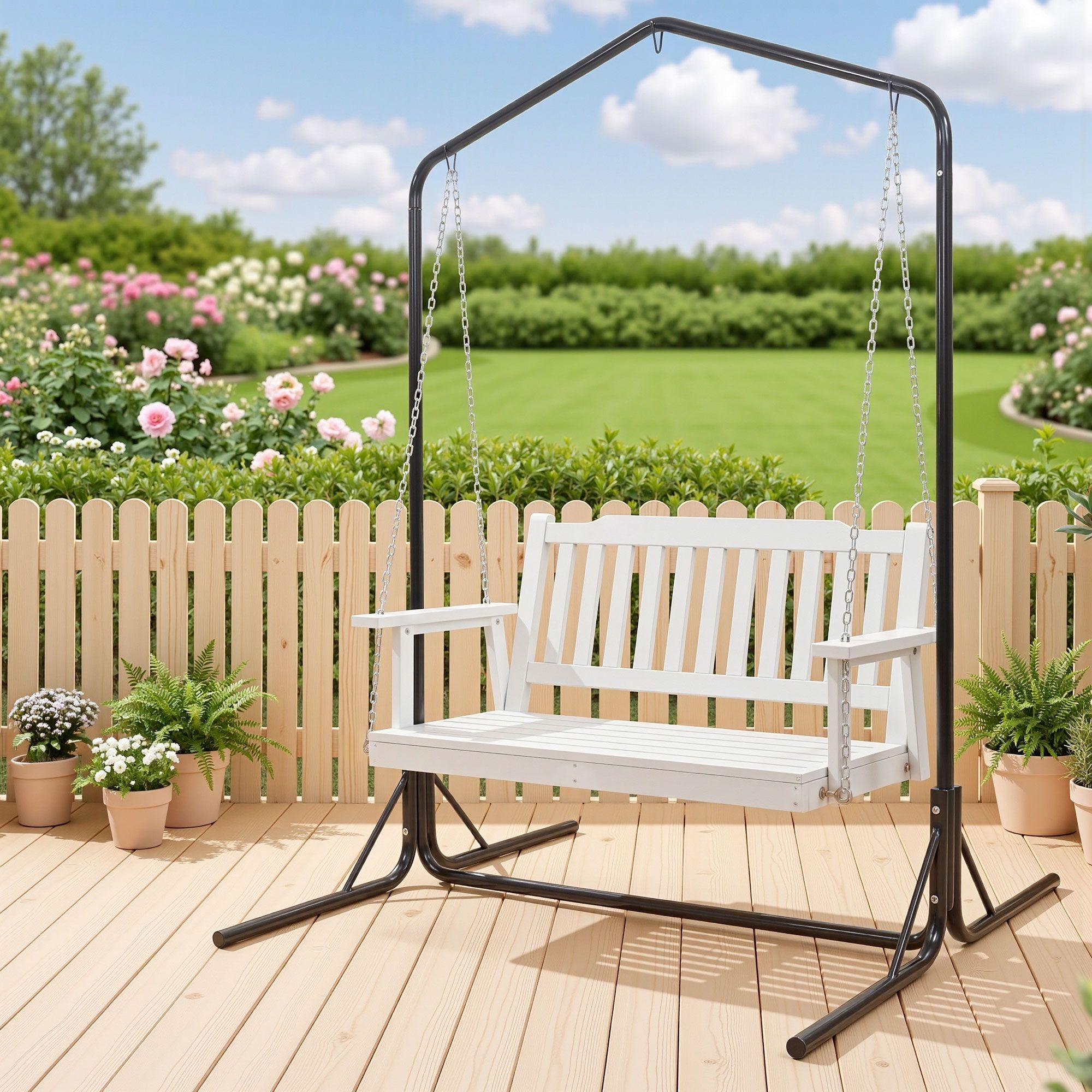 Gardeon Wooden 2-Seater Outdoor Swing Chair with Black Stand White Hanging Chair ODS-1956W-U-WH