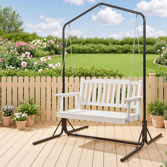 Gardeon Wooden 2-Seater Outdoor Swing Chair with Black Stand White Hanging Chair ODS-1956W-U-WH